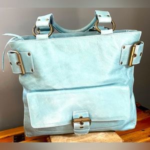 Kooba Leather Tote Light blue - teal turquoise color with brass tone hardware